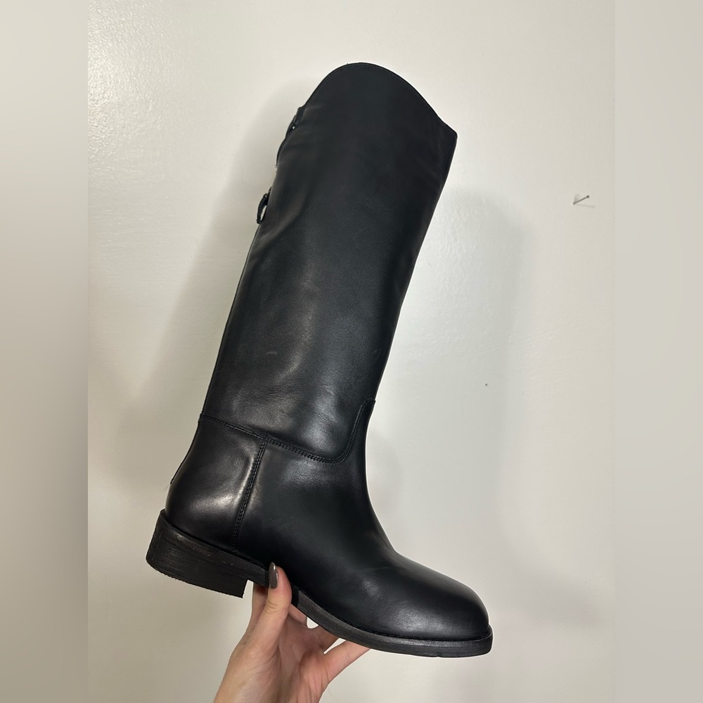 New Free People Black Leather Knee-High Equestrian Boot back zipper and buckle